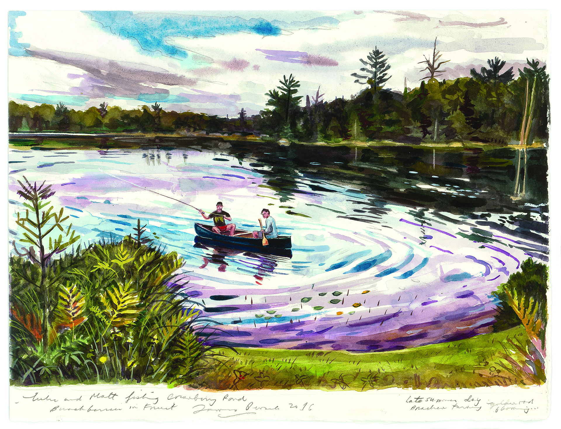 painting of two people fishing from a canoe