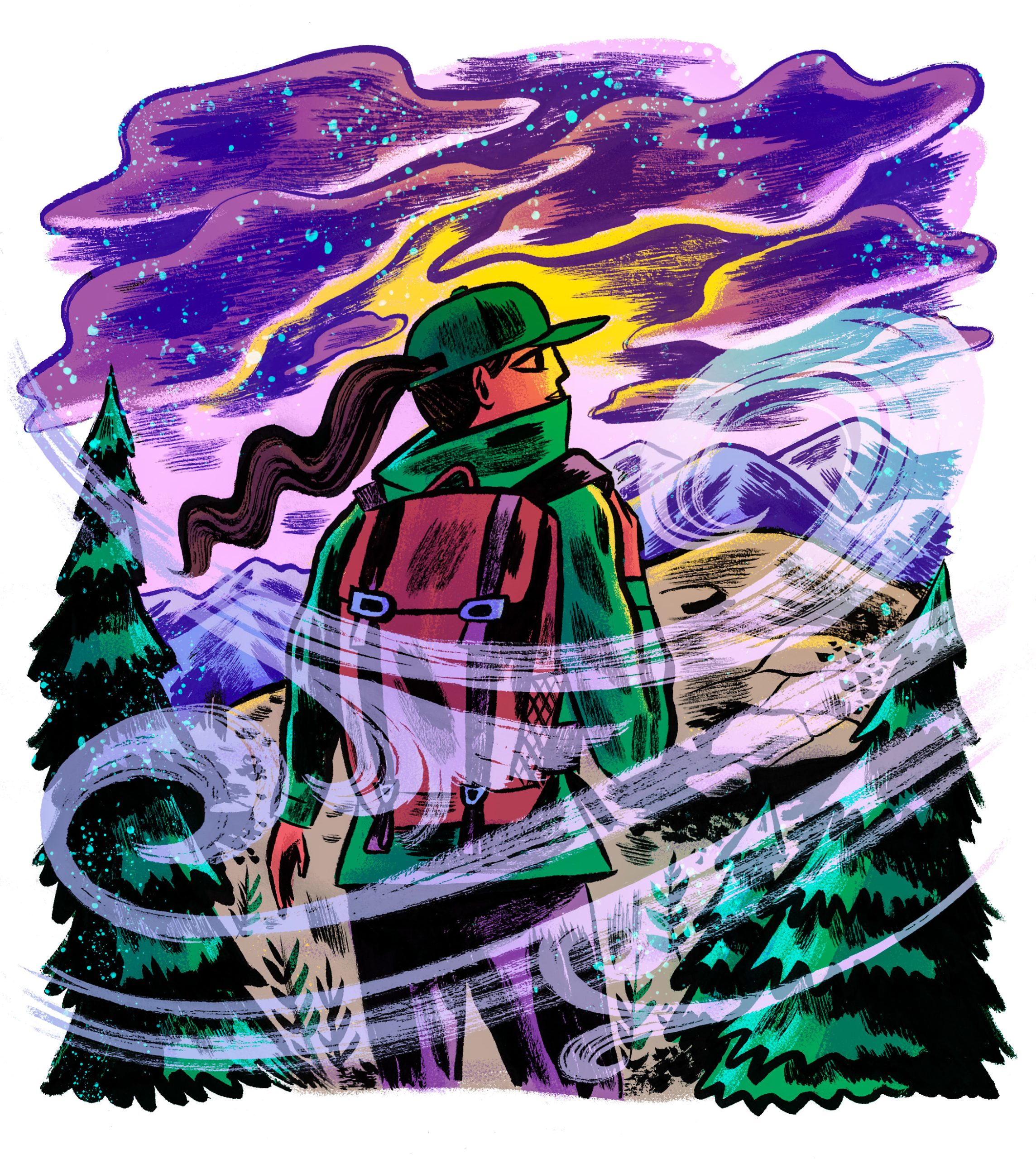 AdirondackLife_StormyHike_mreddy_f1 illustration of a woman on a windy peak