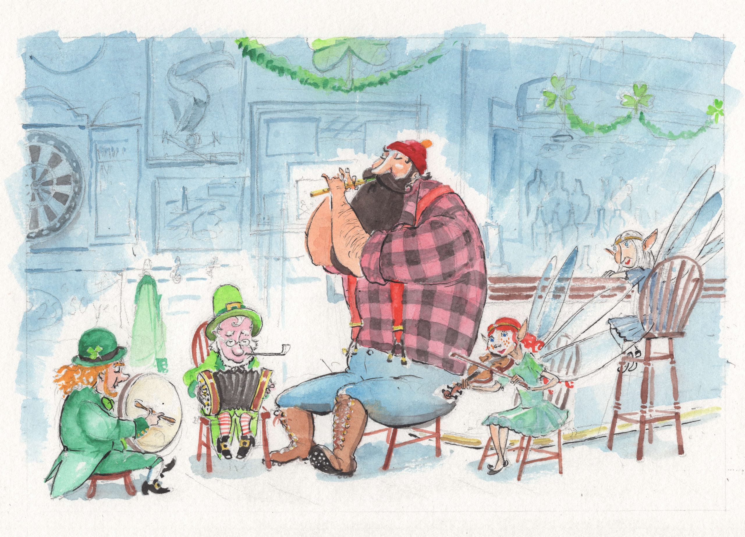 illustration of a bearded lumberjack playing a whistle with leprechauns