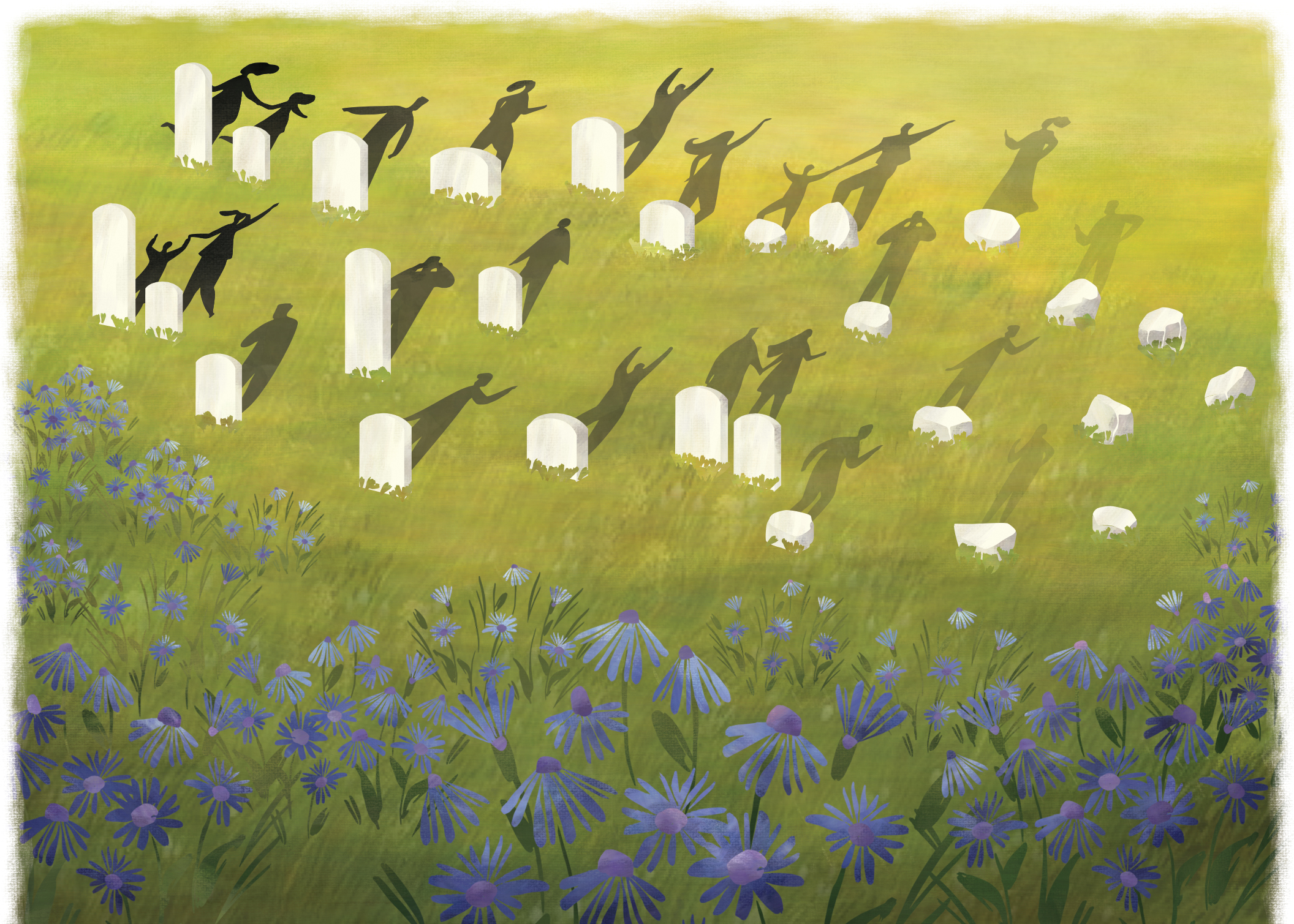 illustration of a cemetery where the gravestones cast shadows of people