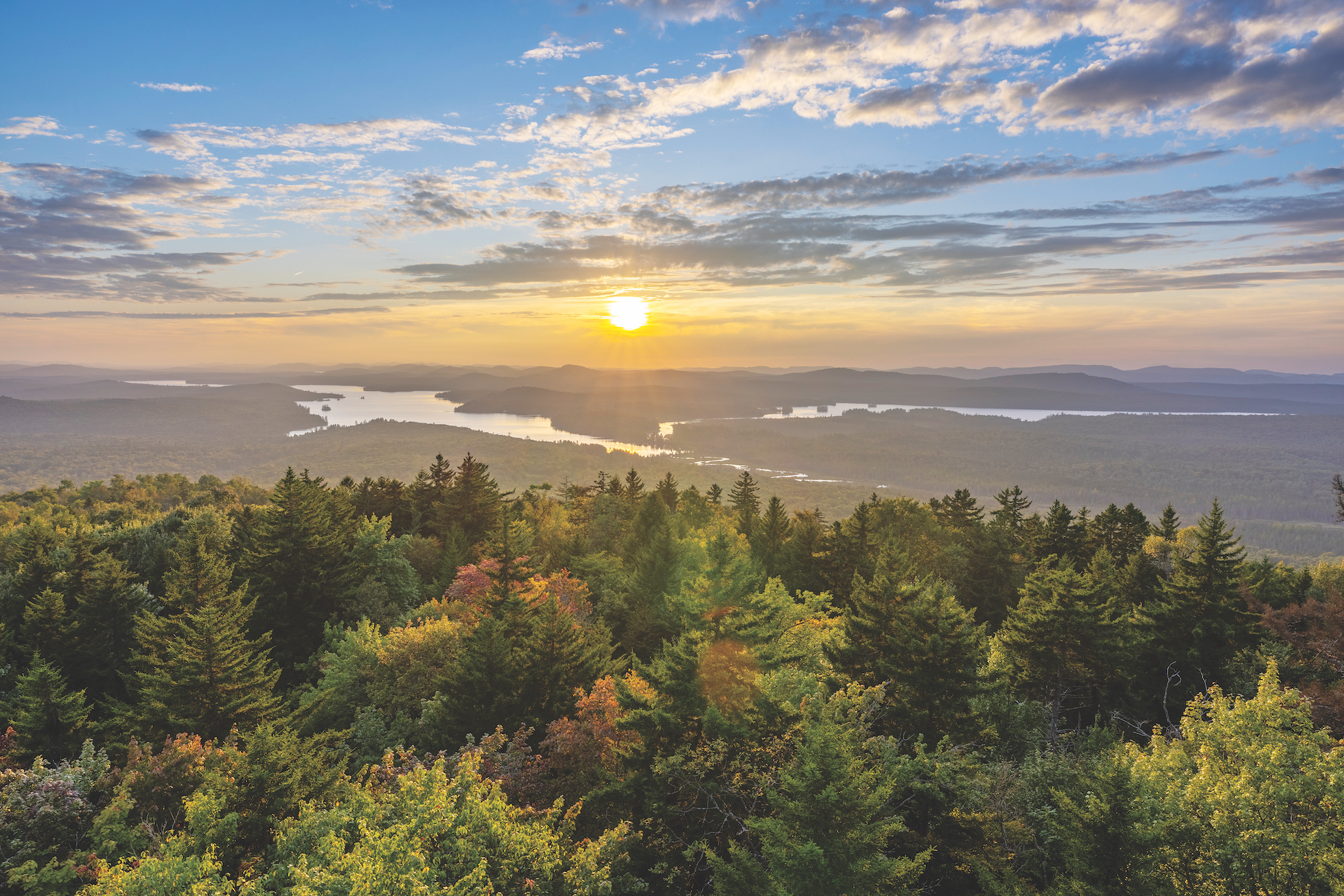 Buck Mountain Firetower September 2023 sunset disc over Little Tupper Lake and Round Pond_–2 Buck Mountain Fire Tower Trail