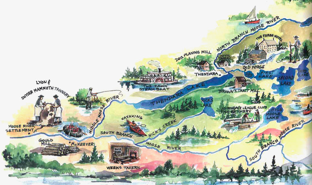 Three Headed River Illo Illustration of historical industry on the Moose River, in the Adirondacks
