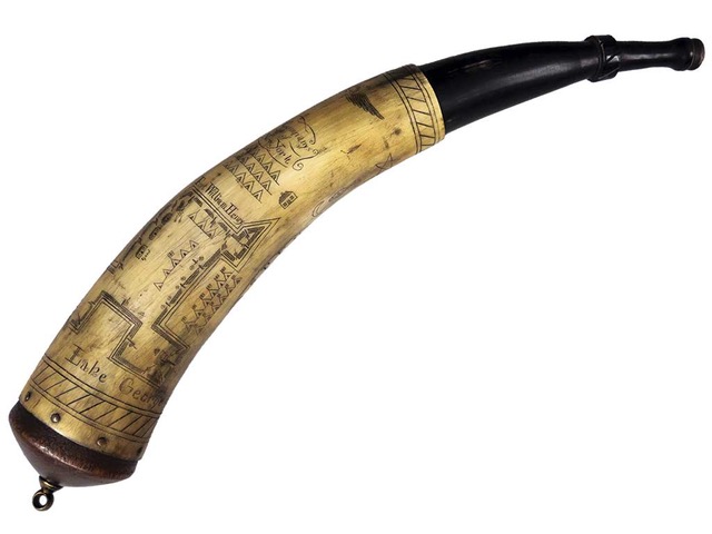 nd2026-powderhorn-web Powder horn etched with Fort William Henry, possibly from the 1750s.